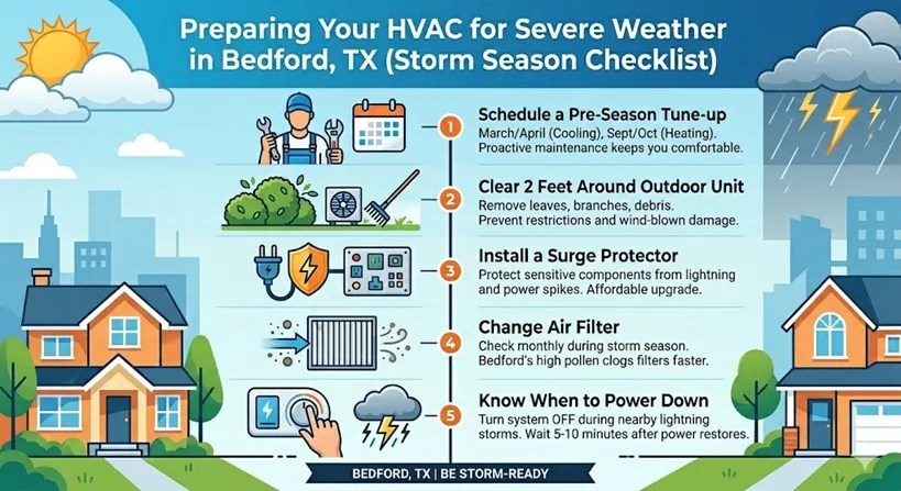A five-step checklist infographic detailing pre-storm season preparation for home HVAC systems, featuring icons for maintenance and protection.