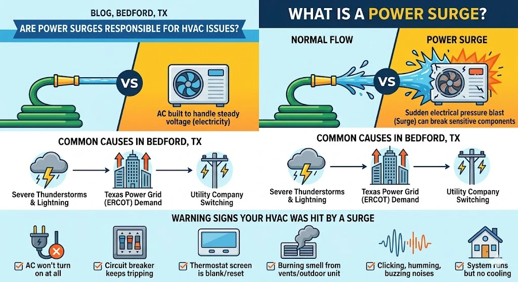 An informative graphic explaining that power surges are dangerous voltage spikes. It visualizes the cause-and-effect in Bedford (thunderstorms, high power grid demand, and utility switching) and provides a visual checklist of symptoms, including repeated breaker tripping and a blank thermostat screen.