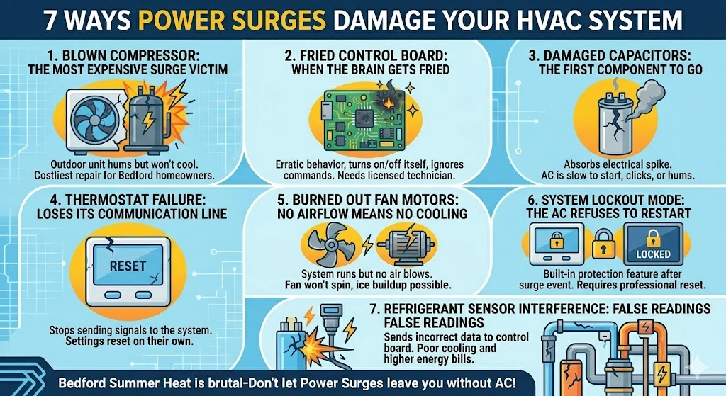 A detailed diagram illustrating how voltage spikes destroy critical components. It highlights seven specific damage points Fried Compressor (Most Expensive), Blown Capacitors, Damaged Control Board (The Brain), Thermostat Failure, Burned Out Fan Motors, Sensor Interference, and System Lockout Mode.