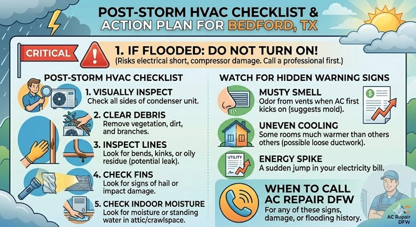 A post-storm HVAC checklist and action plan for Bedford homeowners, featuring a 5-step inspection guide, hidden warning signs like musty odors and energy spikes, and a critical safety warning regarding flooded units.