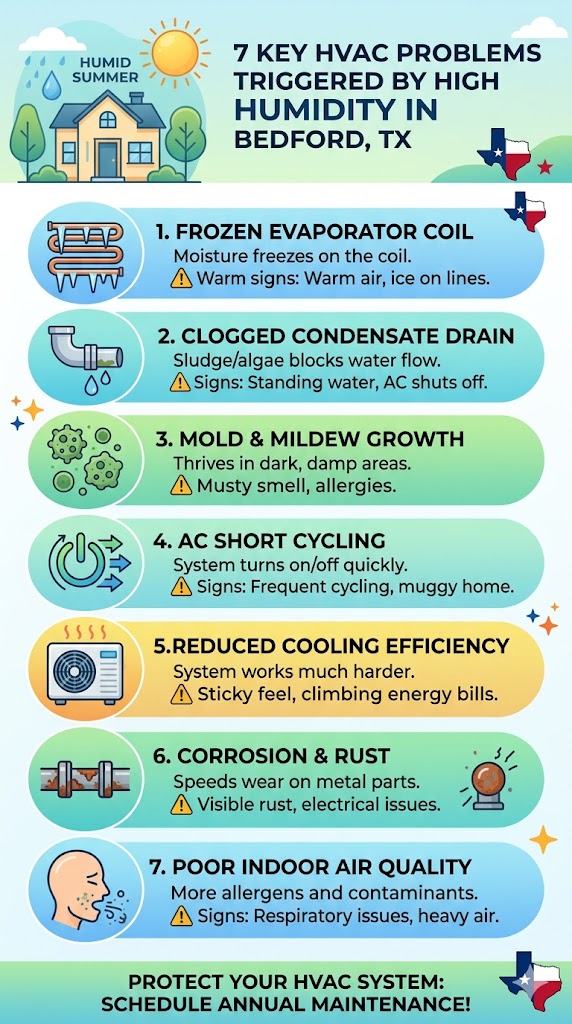 An infographic titled '7 Key HVAC Problems Triggered by High Humidity in Bedford, TX,' illustrating issues like Frozen Evaporator Coils, Clogged Condensate Drains, Mold Growth, and Short Cycling with icons and warning signs.