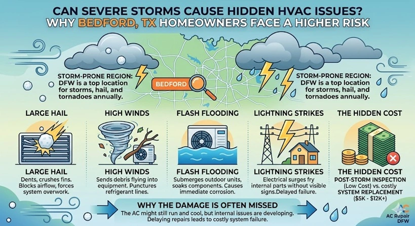 Infographic explaining HVAC storm risks in Bedford, TX, illustrating how hail, wind, flooding, and lightning cause hidden damage and comparing the low cost of inspection to expensive system replacement.