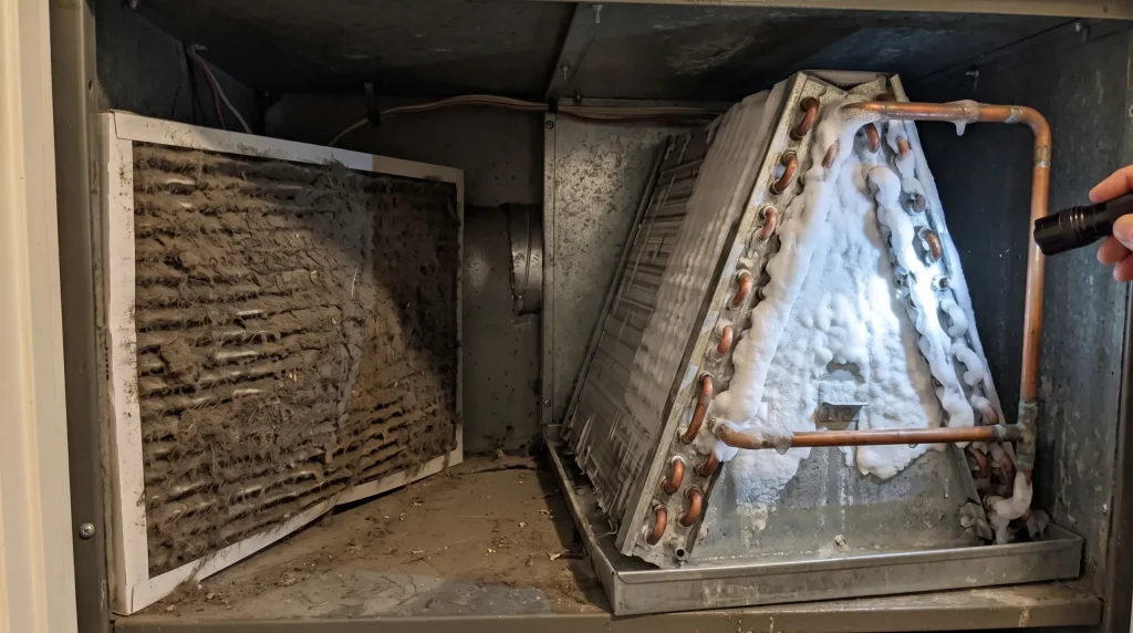 A dirty air filter is starving the coil